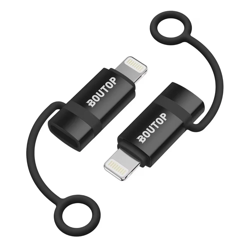 BOUTOP USB-C Female to Lightning Male Adapter 2 Pack Black with Anti-Loss Tether